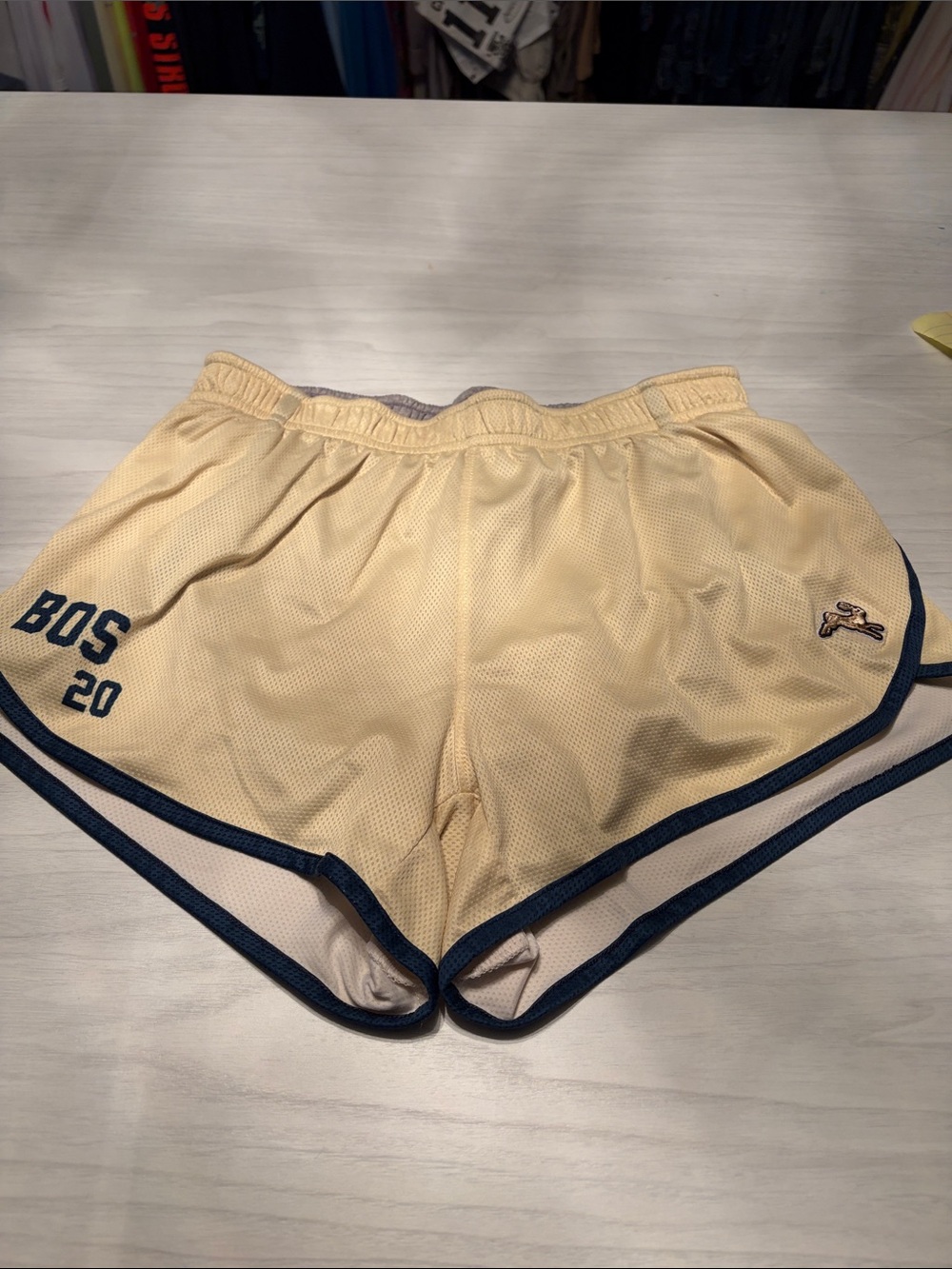 Van Cortlandt Tracksmith yellow Cream Mesh Athletic Shorts with Navy Trim